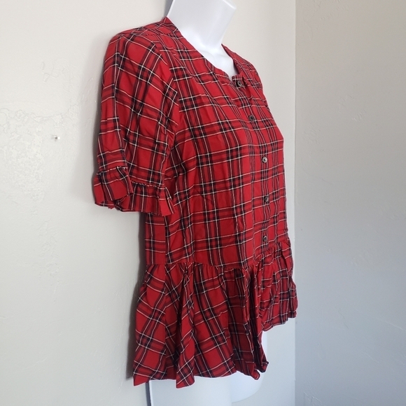 Madewell Red Black Plaid Short Sleeve Peplum Top - Picture 4 of 7